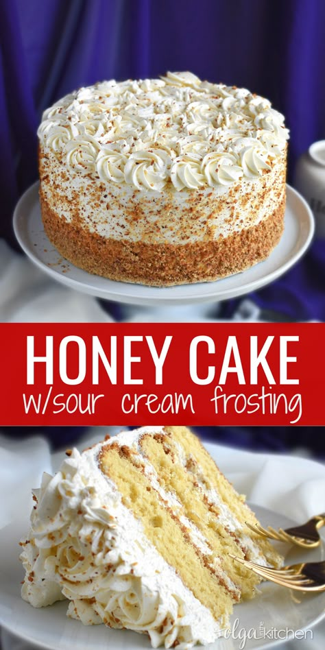 Honey Cake with Sour Cream Frosting is an easy cake recipe made out of spongy fluffy layers filled with sour cream frosting and topped with crushed nuts for a hint of nutty flavor. #honeycake #cake #dessert #frosting #spongecake #olgainthekitchen #homemade #easyrecipe #recipes Honey Cream Cake, Homemade Layer Cake, Cakes With Honey, Honey Flavored Cake, Honey Layer Cake, Cakes With Nuts Recipes, Dessert Recipes With Sour Cream, Honey Birthday Cake, Sour Cream Frosting Recipe