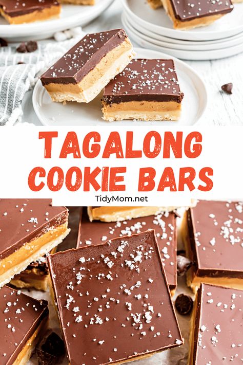 You don't need to wait for Girl Scout cookie season to get a taste of their Tagalong cookies. You can make the classic peanut butter patties copycat recipe at home. Homemade Tagalong Cookie Bars are perfect for any peanut butter and chocolate lover. PRINTABLE RECIPE at TidyMom.net Tagalongs Recipe, Peanut Butter Patties, Tagalong Cookies, Cookie Deserts, Sweet Bar, Peanut Butter And Chocolate, Peanut Butter Filling, Chocolate Delight, Cookie Time