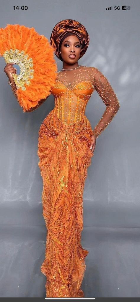 Luxury Red Sets For Traditional Ceremonies, Traditional Laos Wedding Dress, Yellow Ball Gown For Wedding, Orange Floor-length Evening Dress For Wedding, Orange Fitted Wedding Gown, Fitted Orange Wedding Gown, African Bride Dress, Nigerian Traditional Dresses, Aso Ebi Lace Styles