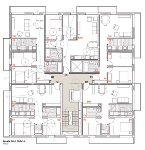 Social housing in Sentmenat Residential Plan, Social Housing Architecture, Residential Building Plan, Residential Architecture Apartment, Small Apartment Building, Hotel Floor Plan, Collective Housing, Apartment Floor Plan, Apartment Floor Plans