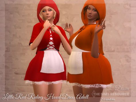 The Sims Resource - Little Red Riding Hood Dress Adult Sims 4 Red Riding Hood Cc, Red Riding Hood Dress, Long Jeans Skirt, Red Riding Hood Story, Hood Dress, Witchy Dress, Cc Packs, Red Ridding Hood, Red Riding Hood Costume