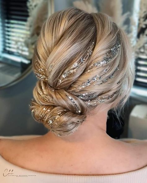 Glitter Updo, Bridesmaid Updos, Side Swept Updo, Crown Braid Updo, Half Up Curls, Cute Wedding Hairstyles, Being A Bridesmaid, Sparkly Hair Accessories, Bridesmaid Updo