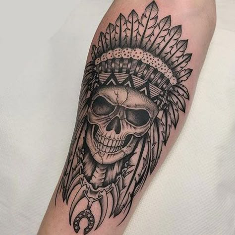 Headdress Tattoo Men, Skull Forearm Tattoo Men, Native Skull Tattoo, Skull Indian Tattoo, Skull With Headdress Tattoo, Native Tattoo For Men, Indian Skull Tattoo Design, Skull Indian Headdress Tattoo, Arms Tattoo Men