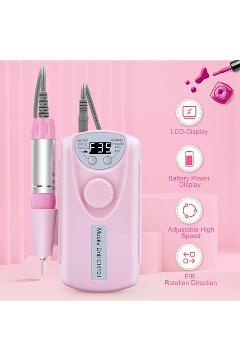 Portable Electric Nail Drill, 35000RPM Professional Nail File Machine, Cordless Rechargeable Nail Drill E File for Acrylic Nails Remove Nail Gel Polish Manicure for Salon Home with Bits Kit, Pink Nail File Machine, Fingernail Art, Electric Nail Drill, Polish Manicure, Gel Polish Manicure, Product Shoot, Nail Gel Polish, Nail Drill, Nail Gel