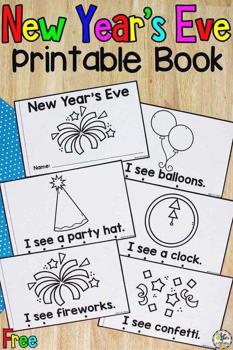 This New Year's Eve Printable Book is a fun way to teach new vocabulary words, review concepts of print, and practice sight words. New Years Books For Preschoolers, New Years Activities For Kindergarteners, New Years Writing Kindergarten, New Years Craft For Preschoolers, New Years Prek Crafts, New Year Literacy Activities Preschool, New Years Activities Preschool Free Printable, Happy New Year 2024 Kindergarten, New Years Activity Kindergarten