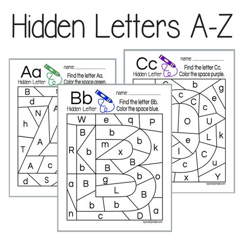 Hidden Letters A-Z -- Includes 26 pages, one for each letter of the alphabet -- download and print to use Hidden Alphabet, Hidden Pictures Printables, Hidden Letters, Letter Recognition Worksheets, Printable Alphabet Worksheets, Letter Find, Letter Identification, Alphabet Worksheets Preschool, Letter Worksheets