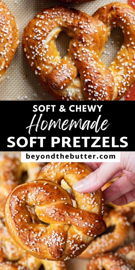 Move over store-bought pretzels, these Homemade Soft Pretzels are the best! They're soft and chewy on the inside with a golden brown outside and a sprinkling of pretzel salt to boot. Serve them alongside your favorite mustard or cheese sauce for the perfect savory snack! Find the full recipe on BeyondtheButter.com. Homemade Pretzels Recipe, Savory Baking, Baked Pretzels, Soft Pretzel Recipe, Homemade Pretzels, Homemade Soft Pretzels, Pretzels Recipe, Butter Recipes, Soft Pretzels