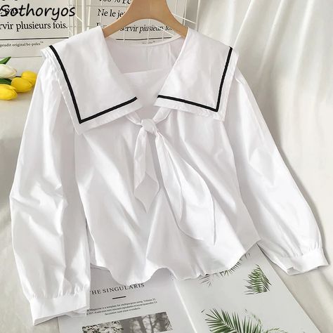 Sailor Collar Blouses Women France Style New Bow Puff Sleeve Patchwork Shirts Elegant Casual Chic Fashion Design Simple Students|Blouses & Shirts| - AliExpress Casual Chic Fashion, France Style, Blouses Women, Patch Work Blouse, Cheap Blouses, Y2k Aesthetic Outfits, Sailor Collar, Elegant Casual, Puff Sleeve Blouse