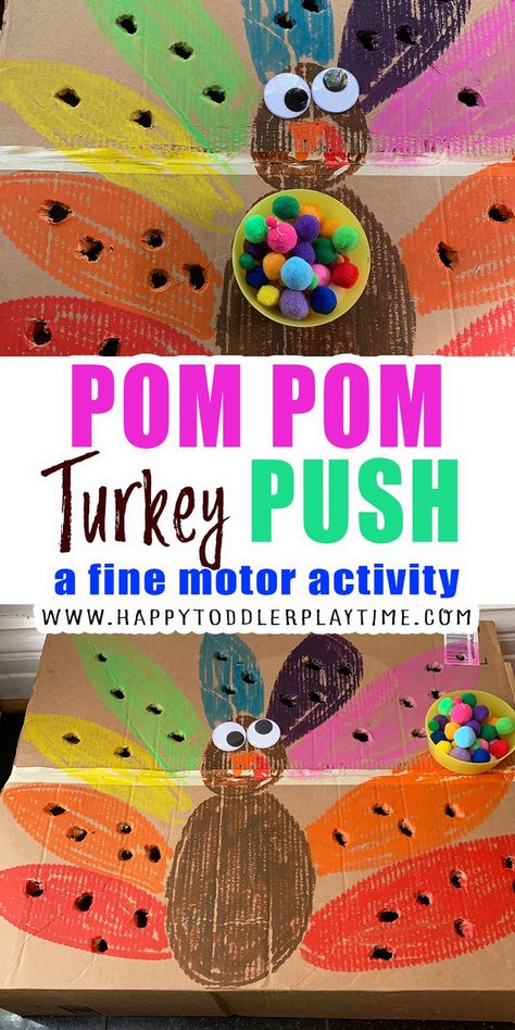 Pom Pom Turkey Push is an easy Thanksgiving activities for toddlers. A simple and creative fine motor activity for this holiday! Pom Pom Turkey, Thanksgiving Activities For Toddlers, Thanksgiving Activities For Kindergarten, Thanksgiving Activities Preschool, Thanksgiving Crafts For Toddlers, Thanksgiving Toddler, Fun Thanksgiving Crafts, Thanksgiving Crafts Preschool, Easy Thanksgiving Crafts