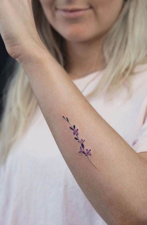 Small Violet Tattoo Flower, I Am Because You Were Tattoo With Flower, Iris Wrist Tattoo, Violet Wrist Tattoo, Small Summer Tattoo Ideas, Violet And Iris Tattoo, Lavender Tattoo Ideas, Violet And Lavender Tattoo, Lavender Tattoo Wrist