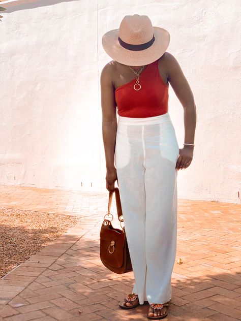 Summer outfits #chicsummeroutfit #summeroutfit #widelegpants #oneshouldertop #sunhatoutfit Sunhat Outfit, Chic Summer Outfits, One Shoulder Tops, Sun Hats, Panama Hat, Warm Weather, Wide Leg Pants, Maxi Skirt, Summer Outfits