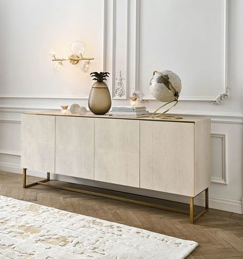 White Sideboard Buffet, Faux Shagreen, Teen Furniture, Beige Living Rooms, Luxury Dining Room, Ideas Casa, Hallway Furniture, Dining Table Black, Bronze Metal