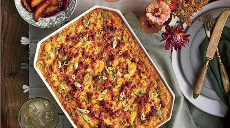 Spicy Cornbread Dressing with Chorizo Chorizo Cornbread, Cornbread From Scratch, Spicy Cornbread, Chorizo Recipe, Cornbread Dressing Southern, Dressing Recipes Cornbread, Southern Cornbread, Jalapeno Recipes, Homemade Cornbread