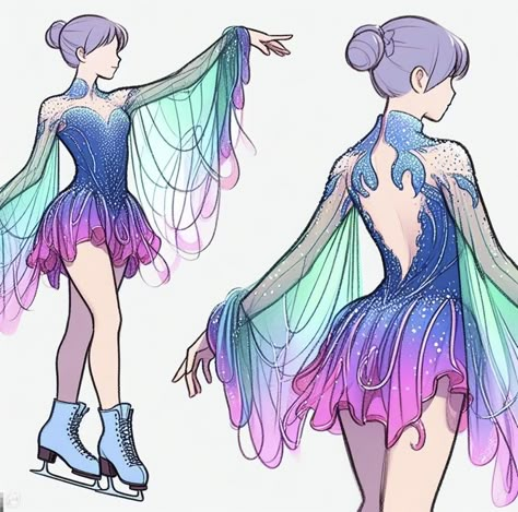 Spinning Dress Reference, Purple Ice Skating Dress, Ice Skating Outfit Drawing, Ice Skating Sketch, Ice Skates Drawing, Galactic Outfit Ideas, Purple And Blue Outfit, Figure Skating Drawing, Figure Skating Art