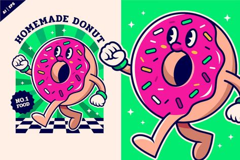 Homemade Donut Character, Illustrations ft. donut & creme - Envato Elements Donut Character, Homemade Donuts, Retro Cartoons, Donuts, Illustration Design