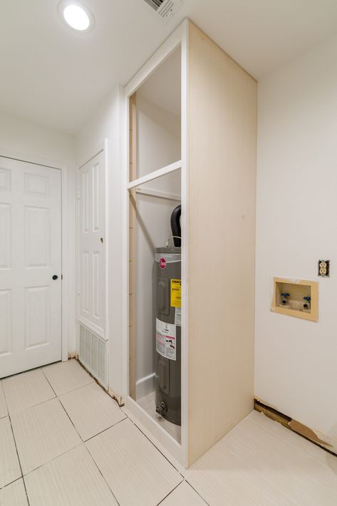 Custom hot water heater cabinet Conceal Hot Water Heater, Laundry Room Ideas With Hot Water Heater, Hide Boiler In Laundry Room, Laundry Room Ideas With Water Heater, Diy Water Heater Cover, Cover Water Heater Ideas, Hide Hot Water Heater In Laundry Room, How To Hide Water Heater Laundry Rooms, Water Heater Cabinet