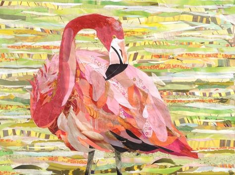 Flamingo Collage, Thanksgiving Collage, Fish Collage, Tree Collage, Fancy Flamingo, Paper Collage Art, Collage Background, Camping Art, Monoprint