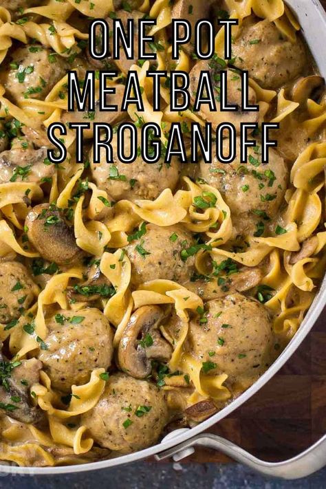 one pot meatball stroganoff title pin Meatball Stroganoff Casserole, Meatball And Noodle Casserole, Frozen Meatballs And Pasta Crockpot, Swedish Meatball Stroganoff, Swedish Meatball Casserole With Frozen Meatballs, Beef Stroganoff With Frozen Meatballs, Frozen Swedish Meatball Recipe, Frozen Meatball Meal Prep, Recipes Using Meatballs Simple