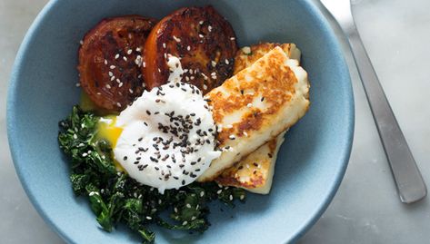 Haloumi Recipes Breakfast, Haloumi Breakfast Recipes, Haloumi Recipes, Eggs And Kale, Savoury Breakfast, Good Brain Food, Breakfast Bowls Recipe, Breakfast Bowl, Bowl Recipe