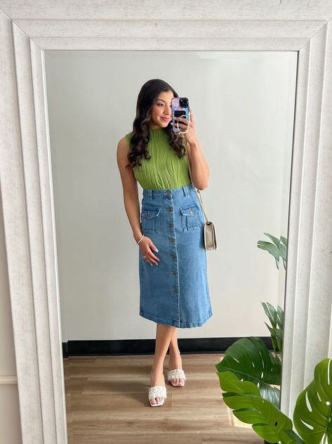 Green Top Denim Skirt, Button Denim Skirt Outfit, Skirt Top Outfit Western, Skirt And Top Western Outfit, Green Summer Top, Midi Skirt Denim, Green Denim Skirt, White Tops Outfit, Denim Skirt Outfit