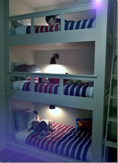 Triple Bunk Beds For Kids - Foter Boys Room Ideas Gamer, Triple Bunks, Diy Kids Bed, Dorm Room Layouts, Kids Bed Design, Bunk Bed Plans, Triple Bunk Beds, Bunk Bed Ideas, Modern Bunk Beds