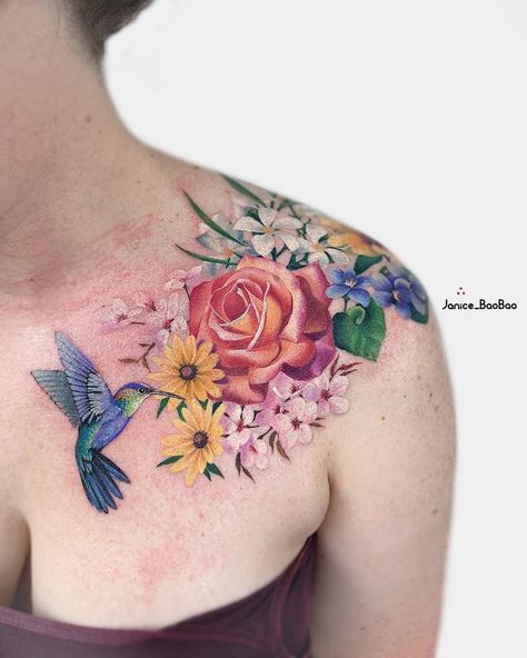 Humming Bird Tattoo With Flowers Sleeve, Wildflower And Bird Tattoo, Bird With Flower Wings Tattoo, Bird Cherry Blossom Tattoo, Colorful Hummingbird Tattoo, Hummbird And Flower Tattoo, Hummingbird Flower Tattoos, Tattoo Toronto, Watercolor Hummingbird