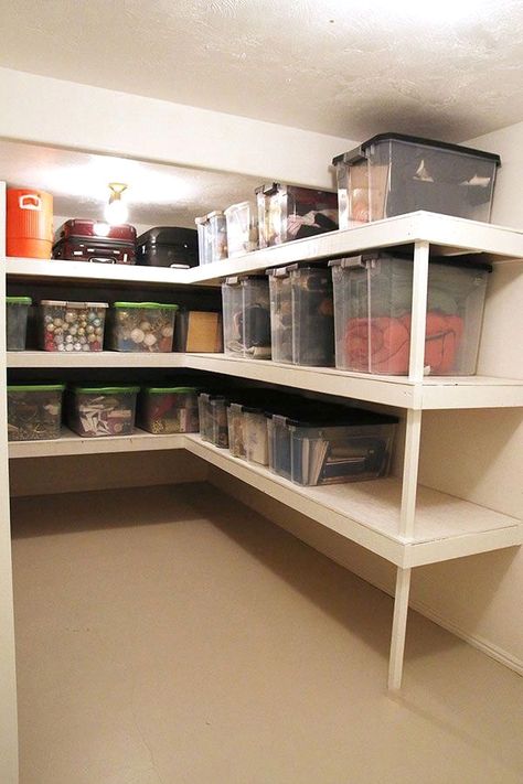 #homedecor #basementguide #basementceiling Storage Bin Room, Clothes Storage Basement, Cold Room Storage Ideas Shelves, Storage Room Flooring, Indoor Storage Room Ideas, Huge Storage Room, Small Stock Room Ideas Storage, Store Room Ideas For The Home, Creating More Storage Space