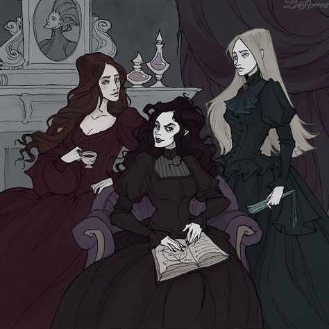 Day 5 of #potterweekprompts (Family portrait)! The Noble House of Black: Andromeda, Bellatrix and Narcissa 🖤 I always wondered how is it possible that such different sisters were born in the same family? The Black Sisters, Abigail Larson, Stile Harry Potter, Arte Peculiar, Black Sisters, Bellatrix Lestrange, Harry Potter Love, Harry Potter Fan Art, Harry Potter Series