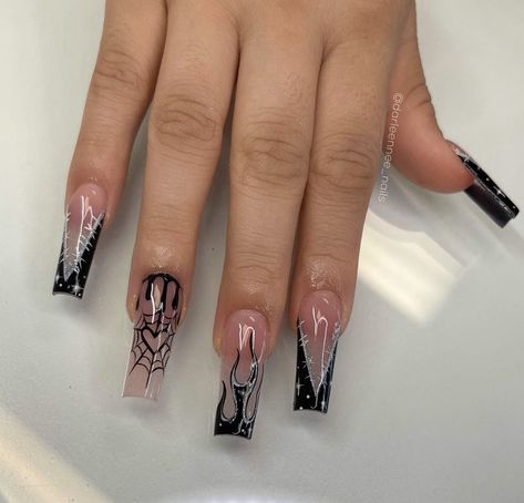 Spiderweb Nails, Heart Web, Black Nail Tips, Fall Acrylic, Long Acrylic Nail Designs, Nails Design With Rhinestones, Grunge Nails, Studded Nails, French Acrylic Nails