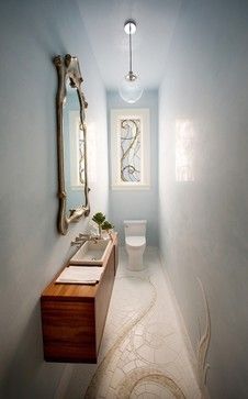 This is similar size to our powder room except it's longer 3x9 feet (91x 274 cm) Small Powder Room Design, Long Narrow Bathroom, Narrow Bathroom Designs, Elegant Powder Room, Powder Room Design Ideas, Contemporary Powder Room, Modern Powder Rooms, Mini Bad, Art Nouveau Interior