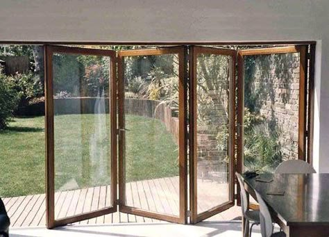 Wooden Bi Folding Patio Doors...this would be awesome in my lliving room right to the deck Wooden Bifold Doors, Wooden Patio Doors, Bifold Patio Doors, Folding Patio Doors, Sliding Folding Doors, French Doors Patio, Patio Door, Folding Doors, Wood Doors Interior