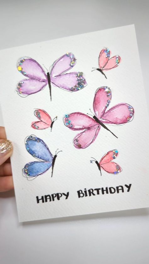 Marta Lapkowska | 🦋 EASY Butterflies Painting - Stamping Trick to paint Watercolor Butterfly 🦋 what do you think of this ??? 🩷 Cute Birthday Greeting Card… | Instagram Paint With Markers, Butterflies Painting, Easy Birthday Cards Diy, Diy Watercolor Cards, Decorating Frosting, Watercolor Butterflies, Butterfly Birthday Cards, Birthday Painting, Watercolor Birthday Cards