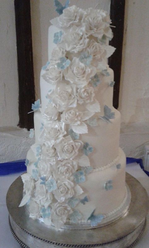 Light Blue Butterfly Quince Cake, Quinceanera Dresses Light Blue Butterfly, Sweet 15 Party Ideas Quinceanera Blue, Light Blue Quinceanera Theme, Blue Butterfly Quinceanera Theme, Butterfly Quince Theme, Baby Blue Quince, Baby Blue Quinceanera Dresses, Sweet 16 Cinderella Theme