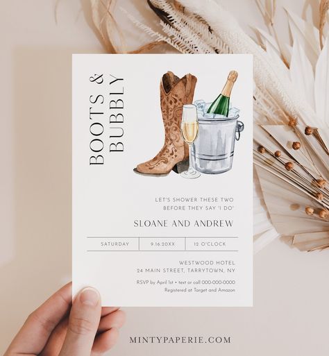 Boots and Bubbly Invitation, Couple Shower Invite, Western Bridal Shower, Bubbles, Champagne, Edit & Print Today, Templett, 5x7 0026D-317BS - Etsy Canada Boots And Bubbly, Western Bridal Showers, Couples Shower Invitation, Bridal Shower Inspo, Couple Wedding Shower, Couples Shower Invitations, Future Wedding Plans, Couple Shower, Western Wedding