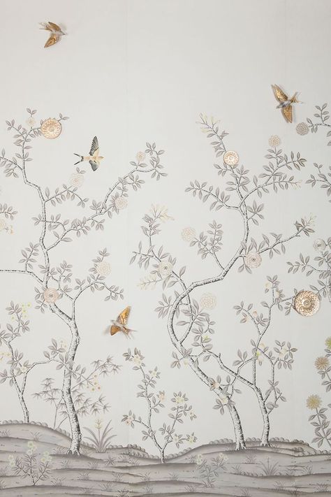 'Hirondelles' silk wall covering by Fromental and Lalique Fromental Wallpaper, Crystal House, Wallcovering Design, Chinoiserie Pattern, Vintage Flowers Wallpaper, Wallpaper Interior, Lalique Crystal, Wall Decor Design, Art Business