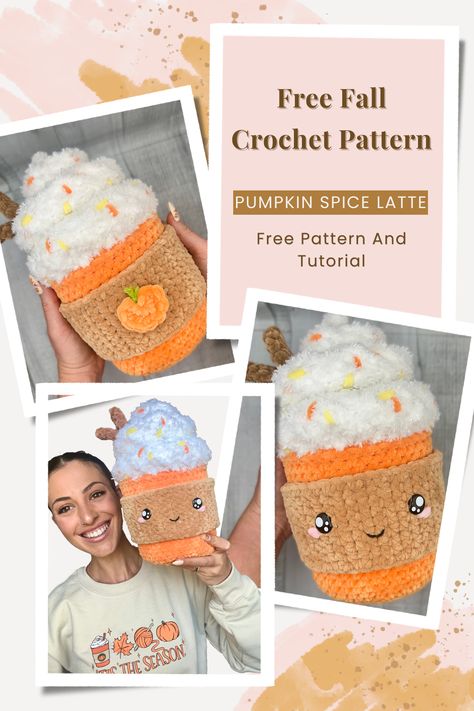 Crochet Latte Pattern, Crochet Coffee Plushie, Crochet Frappuccino Free Pattern, Making Crochet Patterns, Crochet Frappuccino, Fall Themed Crochet Patterns, Free Crochet Patterns Amigurumi Fall, S'more Crochet Pattern, Pumpkin Spice Crochet