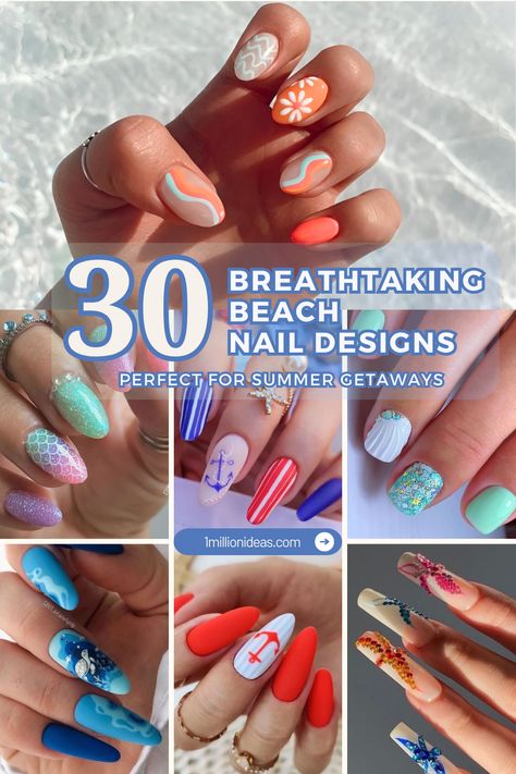 A collection of 30 breathtaking beach nail designs perfect for summer getaways, capturing the essence of the seaside for sunny adventures. Seaside Nails The Beach, Myrtle Beach Nails, Seaside Nail Art, Beach Sunset Nail Designs, Gel Beach Nail Designs, Seaside Nails, Hawaii Nails Ideas Simple, Beach Theme Nails Designs, Bahamas Nail Ideas