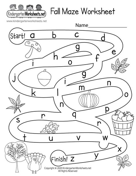 Kids can navigate their way through the symbols of fall using the alphabet in this easy maze activity worksheet. It is a fun way for children to practice alphabetical order. Maze Preschool Printable Worksheets, Maze Worksheet For Kindergarten, Fun Letter Worksheets, Maze Kindergarten Worksheets, Fun Activity Worksheets For Kindergarten, Worksheet For Kindergarten Printable, Preschool Worksheets And Activities For Fall Free Printable Pdf, Fun Worksheets For Kindergarten Free Printable, Kindergarten Mazes Printables