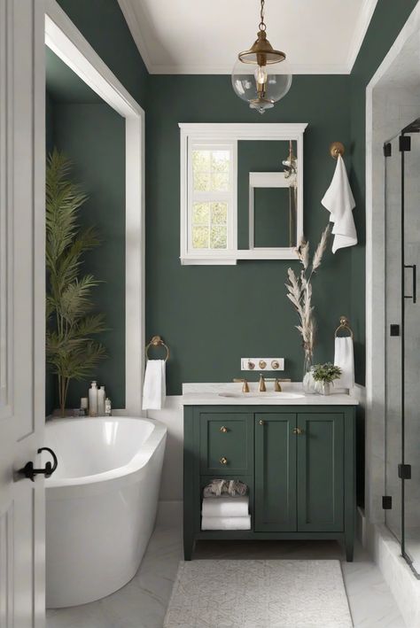 Immerse yourself in the tranquil and deeply serene sanctuary of Dard Hunter Green Haven (SW 0041) for your bathroom. Discover daily routines and decor tips from an interior designer. #Ad #homedecor #homedesign #bathroom #Painthome interiorarchitecture best Wall Colors for Bathroom Colors Bright Room Colors best colors combinations bathroom bathroom Remodeling Modern Paint Colors 2024 Duck Green Bathroom, Dark Green And Grey Bathroom, Dark Blue Green Bathroom, Green Primary Bathroom, Blue Green Bathroom Paint, Green Bathroom Paint Ideas, Painted Green Bathroom, Green Bathroom Ideas Emerald, Safe Green Bathroom