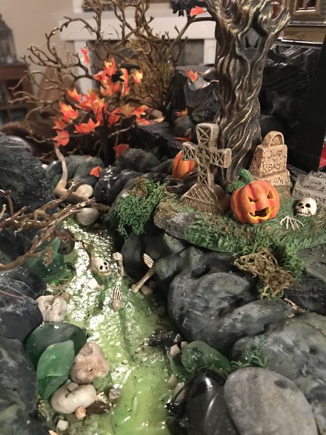 Slime Creek in Halloween Village Display by Christi Spooky Town Display Ideas Diy, Halloween Village Ideas, Halloween Village Display Ideas, Miniature Halloween Village Diy, Spooky Village Diy, Mini Halloween Village, Lemax Halloween Village Display, Halloween Village Diy Accessories, Spooky Town Village Display