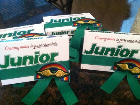 Junior mints used to present GS Junior bridging patches. This is my take on the same idea from asideofsass.com. Bridging To Juniors, Bridging Ceremony Ideas Brownie, Brownies To Juniors Bridging Ceremony, Brownies Bridging Ceremony, Brownie Bridging To Juniors, Brownie To Junior Bridging Ceremony, Daisy To Brownie Bridging Gifts, Junior Girl Scouts Activities, Girl Scout Gifts