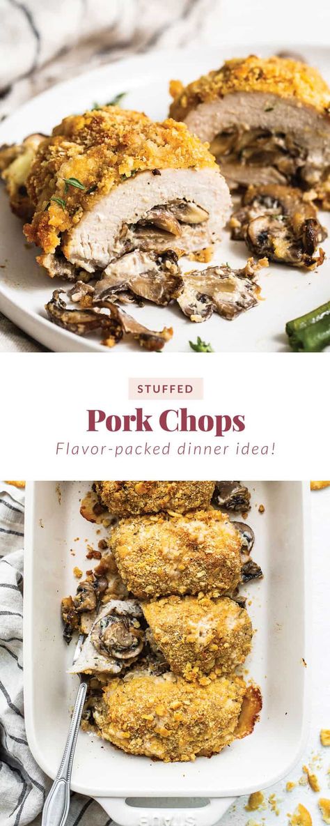 These stuffed pork chops are crunchy on the outside and packed with cheesy mushroom goodness on the inside making these the ultimate weeknight meal. Baked Stuffed Pork Chops, Ritz Cracker Topping, Mushroom And Cheese, Pork Mushroom, Stuffed Pork Chops, Mushroom Pork Chops, Ritz Cracker, Healthy Meat Recipes, Stuffed Pork