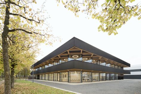 Canteen Design, Vocational School, Exposed Concrete, Education Architecture, Glass Facades, Ground Floor Plan, Media Center, Contemporary Architecture, Ground Floor