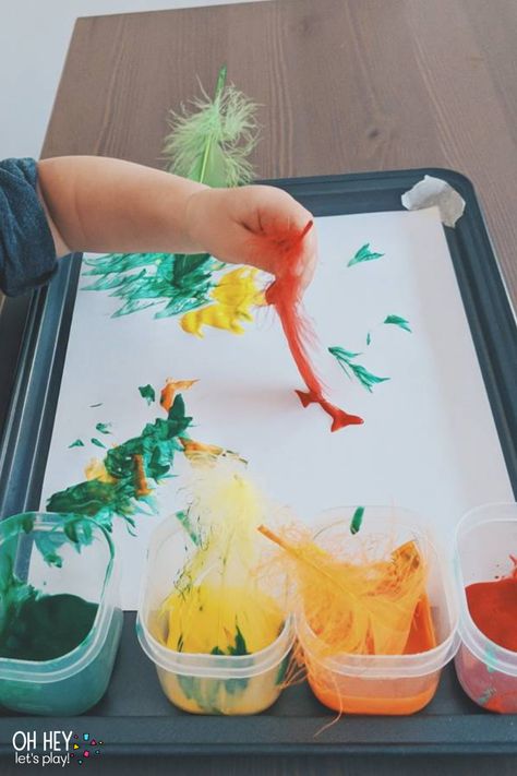 Painting With Feathers Spring Process Art For Infants, Painting With Feathers, Animal Process Art Preschool, Paint With Feathers, Bird Week Preschool Activities, Birds Art Activities For Preschoolers, Bird Crafts For Toddlers, Birds Crafts For Toddlers, Farm Theme Process Art Preschool