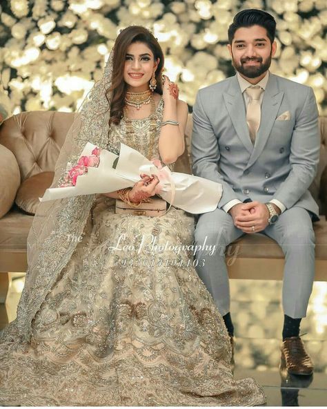 Bridegroom Outfits, Wedding Matching Outfits, Muslim Wedding Photos, Pakistani Bridal Hairstyles, Engagement Dress For Bride, Bride Reception Dresses, Elegant Bridal Dress, Nikah Outfit, Reception Outfits