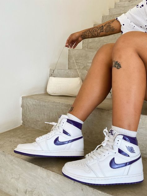 Air Jordan 1 Court Purple, Jordan 1 Court Purple, Custom Air Jordan 1, Air Jordan 1 Outfit, Jordan 1 Outfit, Cute Nike Outfits, Nike Jordan Retro, Purple Sneakers, Jordan Air