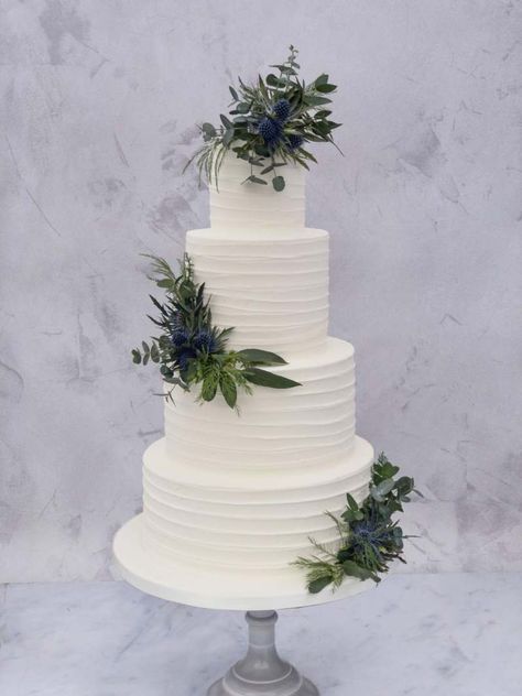 Textured Buttercream 4 Tier with Thistles | Wedding Cakes Blue Thistle Wedding Cake, Scottish Wedding Cake Ideas, Midnight Blue Wedding Cake, Green And Blue Wedding Cake, Wedding Cake Foliage, Thistle Wedding Cake, Blue Thistle Wedding, Textured Buttercream Cake, Wedding Cake Nature