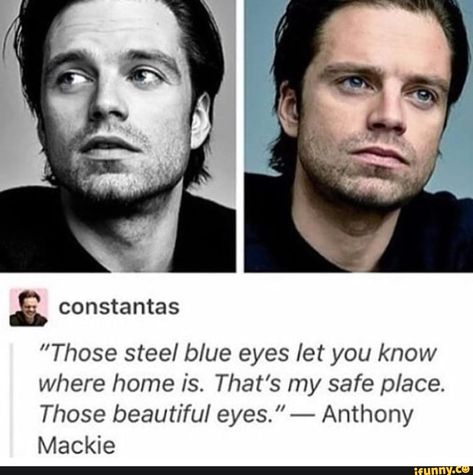 ”Those steel blue eyes let you know where home is. That’s my safe place. Those beautiful eyes.” - Anthony Mackie – popular memes on the site iFunny.co #sebastianstan #celebrities #wintersoldier #whitewolf #jamesbuchananbarnes #buckybarnes #sebastianstan #falcon #samwilson #anthonymackie #marvel #marveluniverse #those #steel #blue #eyes #let #know #home #thats #safe #place #pic My Safe Place, Steel Blue Eyes, James Buchanan "bucky" Barnes, Captain America And Bucky, James Buchanan Barnes, Anthony Mackie, Mad Hatters, Bucky Barnes Winter Soldier, Dc Movies