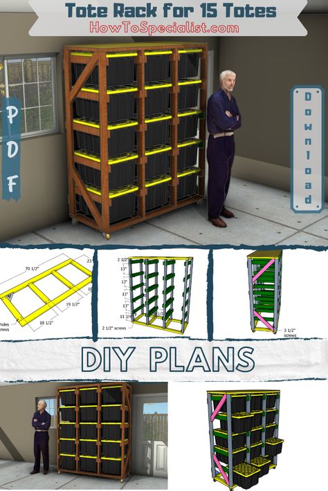 HowToSpecialist – How to Build, Step by Step DIY Plans How to Make a Tote Storage Rack – Free DIY Plans Storage Bin Rack Diy Plans, Diy Tote Storage Rack Plans, Tote Rack Plans, Tote Box Storage Ideas, Tote Shelves Diy, 27 Gallon Tote Storage Shelf Diy Free, Storage Tote Shelves, Storage Bin Rack Diy, Tote Storage Shelves Diy