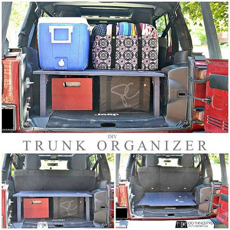 Trunk organizer, trunk organization, trunk shelf, SUV trunk, DIY trunk storage Organisation En Camping, Suv Trunk Organization, Car Camping Organization, Suv Storage, Car Organization Diy, Space Car, Trunk Organizer, Camping Organization, Car Trunk Organization